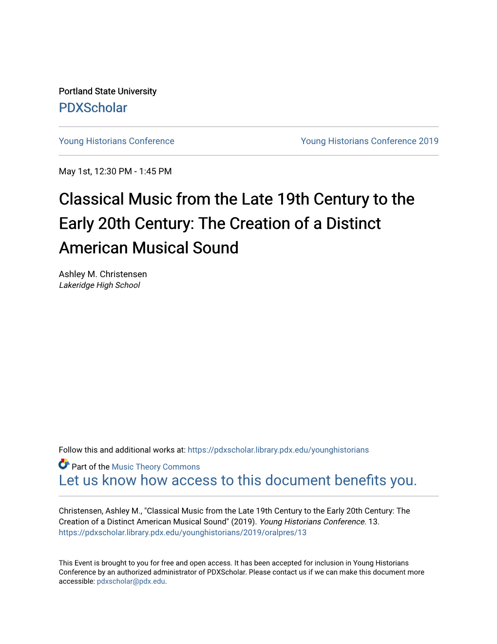 Classical Music from the Late 19Th Century to the Early 20Th Century: the Creation of a Distinct American Musical Sound