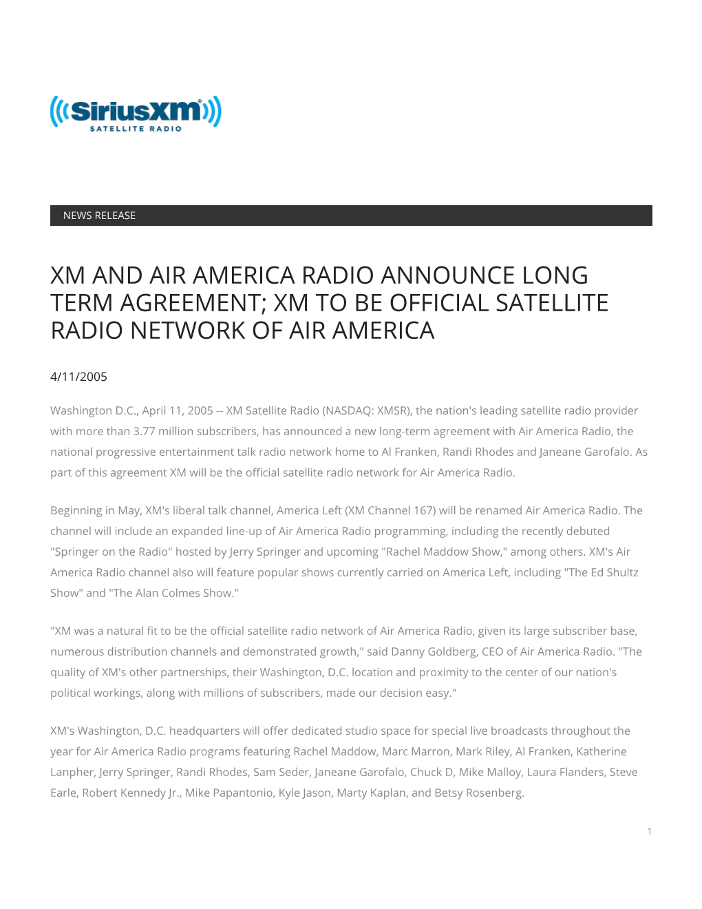 Xm and Air America Radio Announce Long Term Agreement; Xm to Be Official Satellite Radio Network of Air America