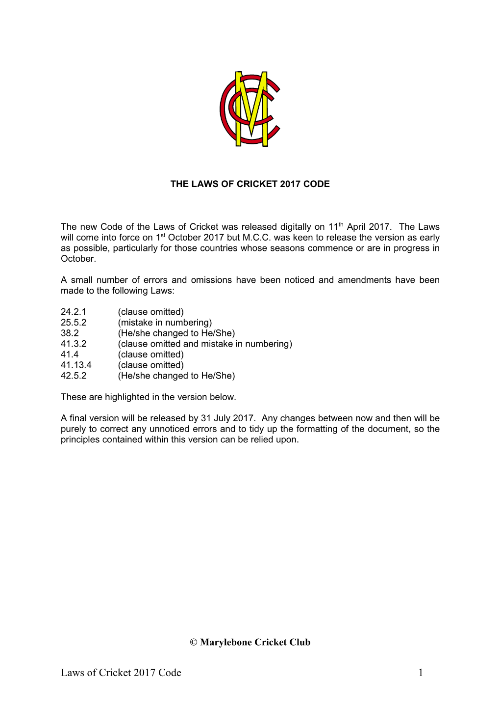 Laws of Cricket 2017 Code 1 CONTENTS