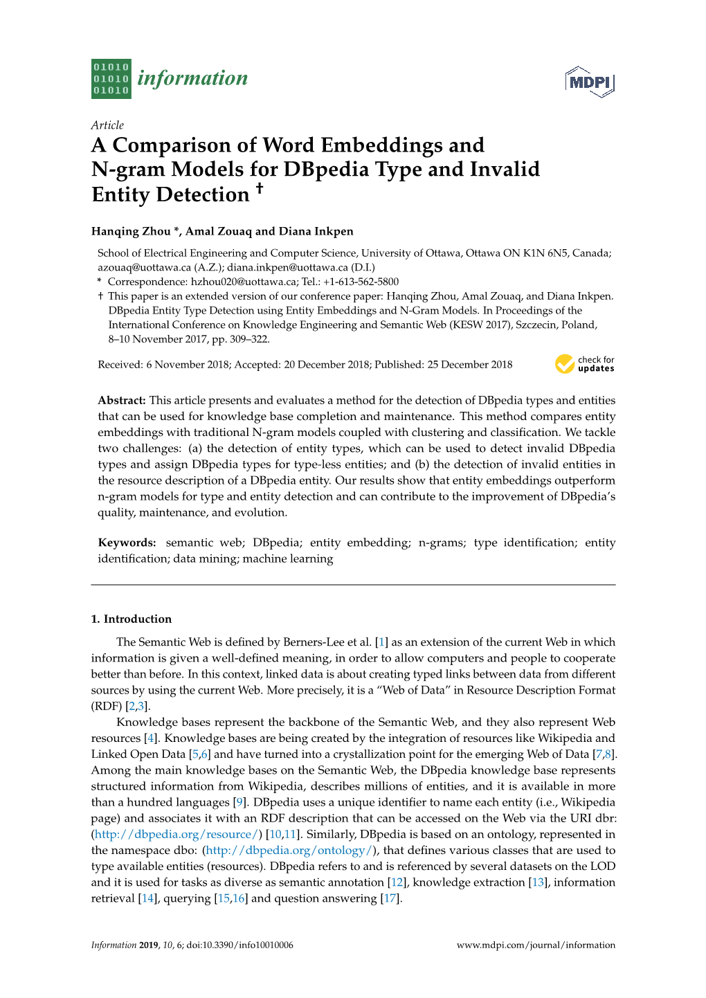 A Comparison of Word Embeddings and N-Gram Models for Dbpedia Type and Invalid Entity Detection †