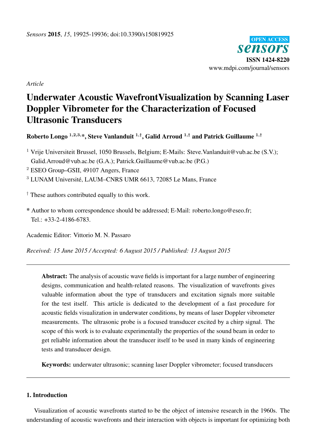 Underwater Acoustic Wavefrontvisualization by Scanning Laser Doppler Vibrometer for the Characterization of Focused Ultrasonic Transducers
