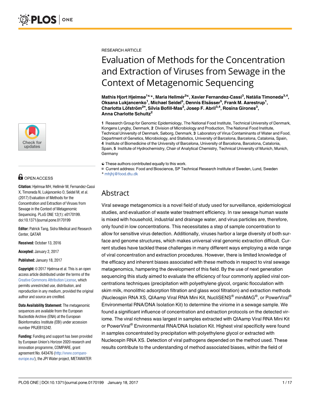 Evaluation of Methods for the Concentration and Extraction of Viruses from Sewage in the Context of Metagenomic Sequencing