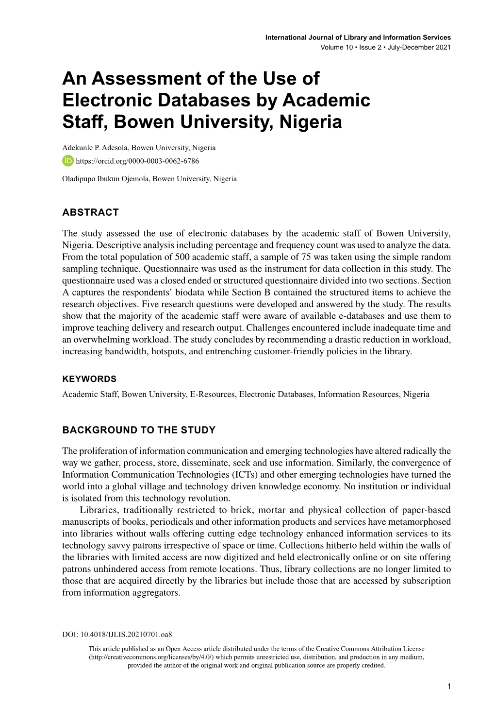 An Assessment of the Use of Electronic Databases by Academic Staff, Bowen University, Nigeria