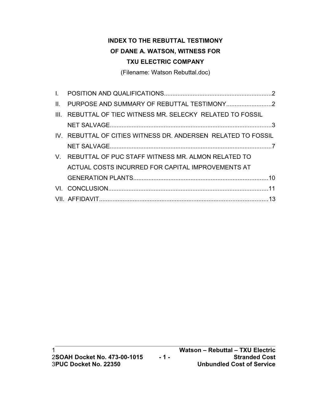 Index to the Direct Testimony