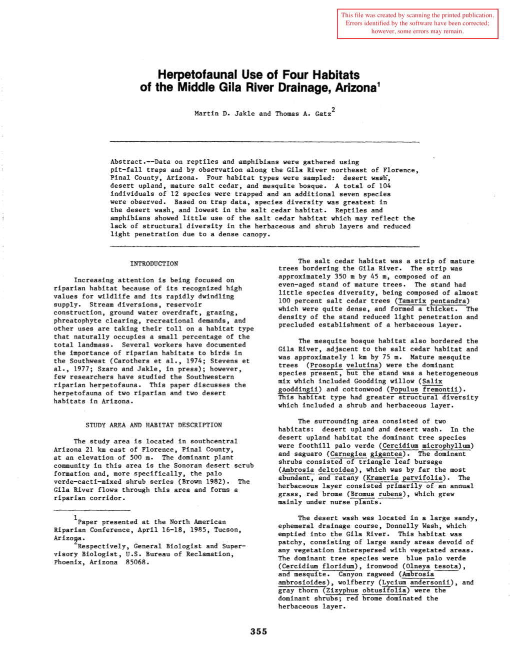 Herpetofaunal Use of Four Habitats of the Middle Gila River Drainage, Arizona 1