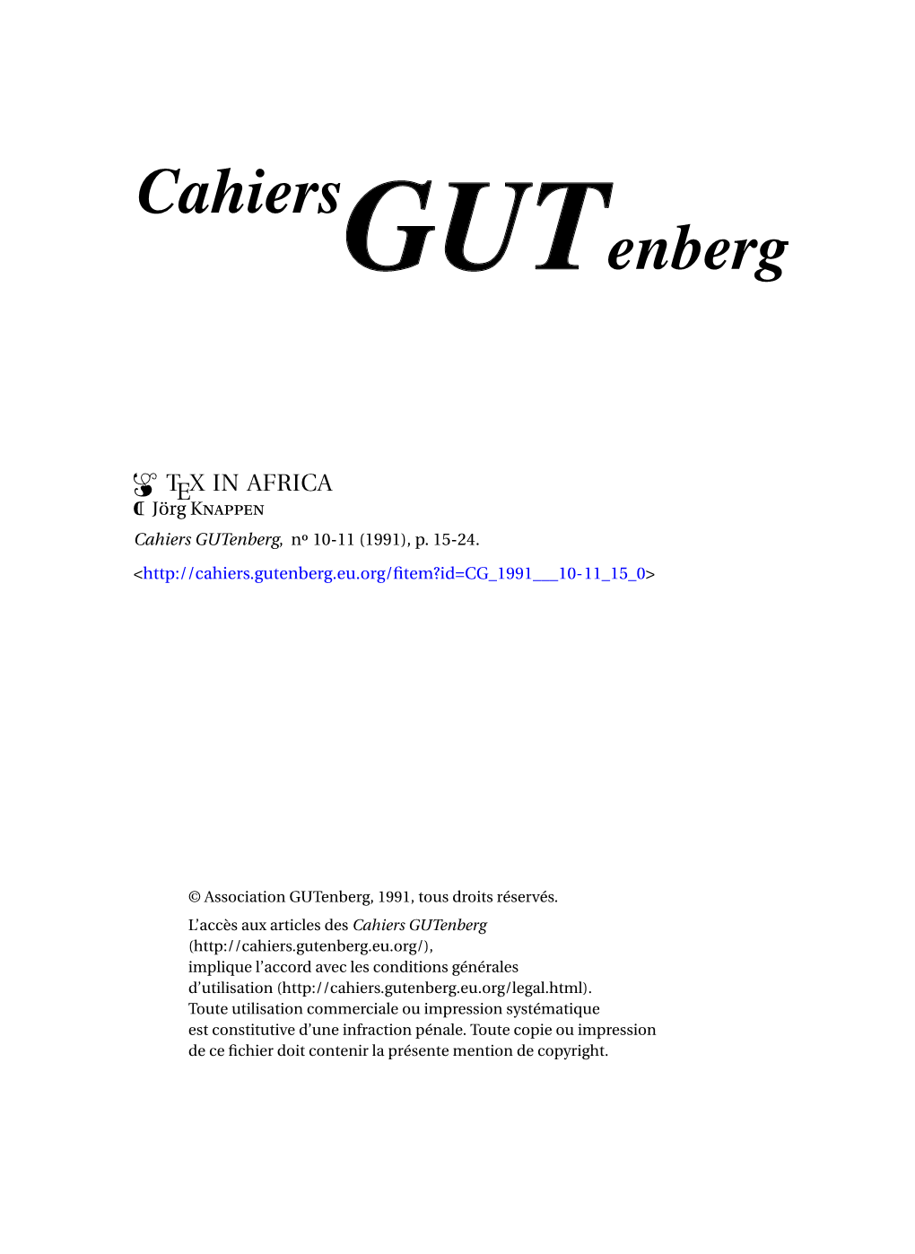 TEX in AFRICA P Jörg Knappen Cahiers Gutenberg, N 10-11 (1991), P