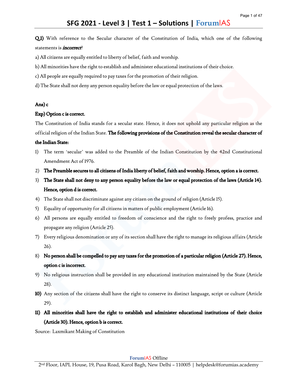 SFG 2021 - Level 3 | Test 1 – Solutions | Forumias