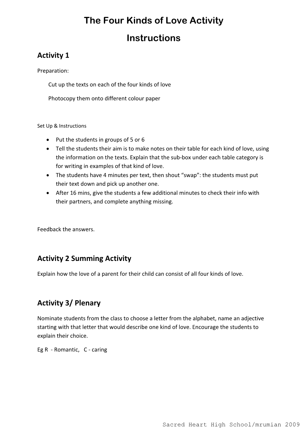 The Four Kinds of Love Activity Instructions