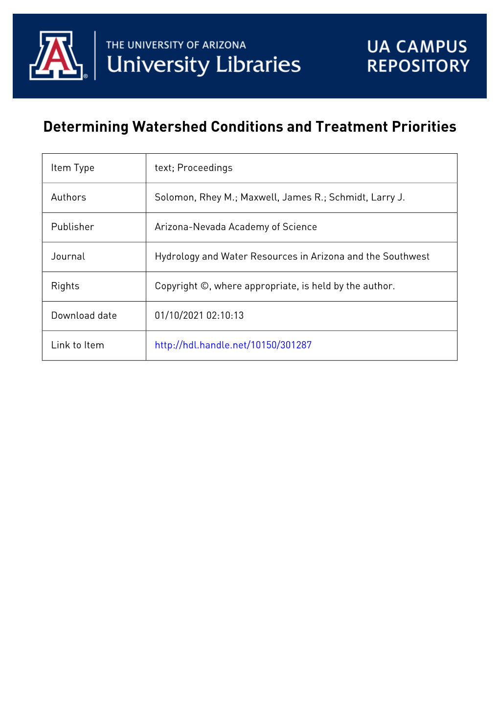 Determining Watershed Conditions and Treatment Priorities