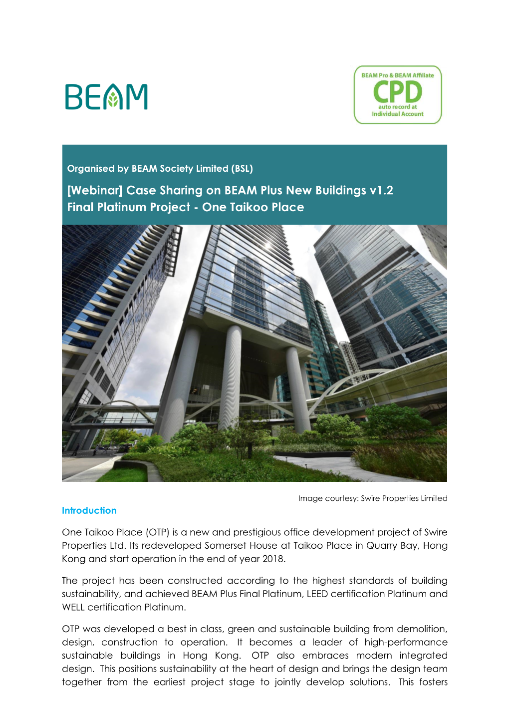 Case Sharing on BEAM Plus New Buildings V1.2 Final Platinum Project - One Taikoo Place