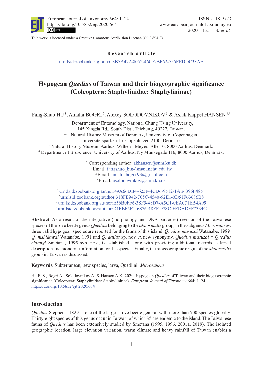 Hypogean Quedius of Taiwan and Their Biogeographic Significance