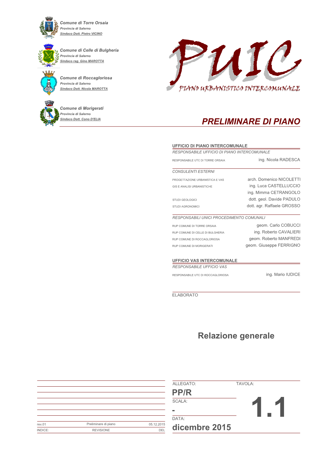 Dicembre 2015 Relazione Generale PRELIMINARE DI PIANO