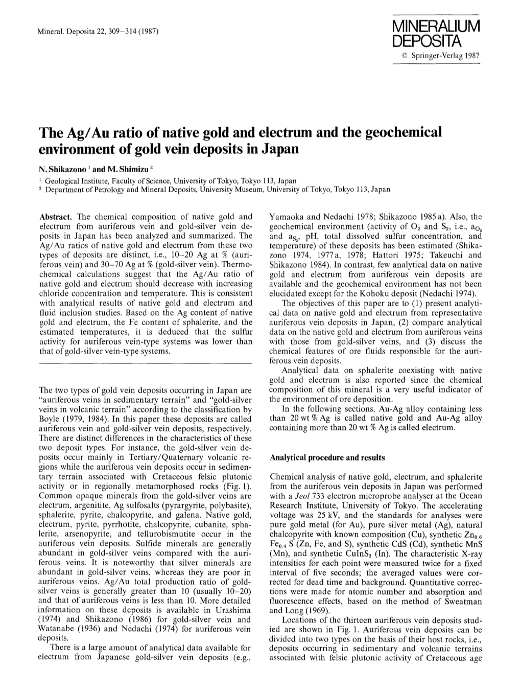 The Ag/Au Ratio of Native Gold and Electrum and the Geochemical Environment of Gold Vein Deposits in Japan