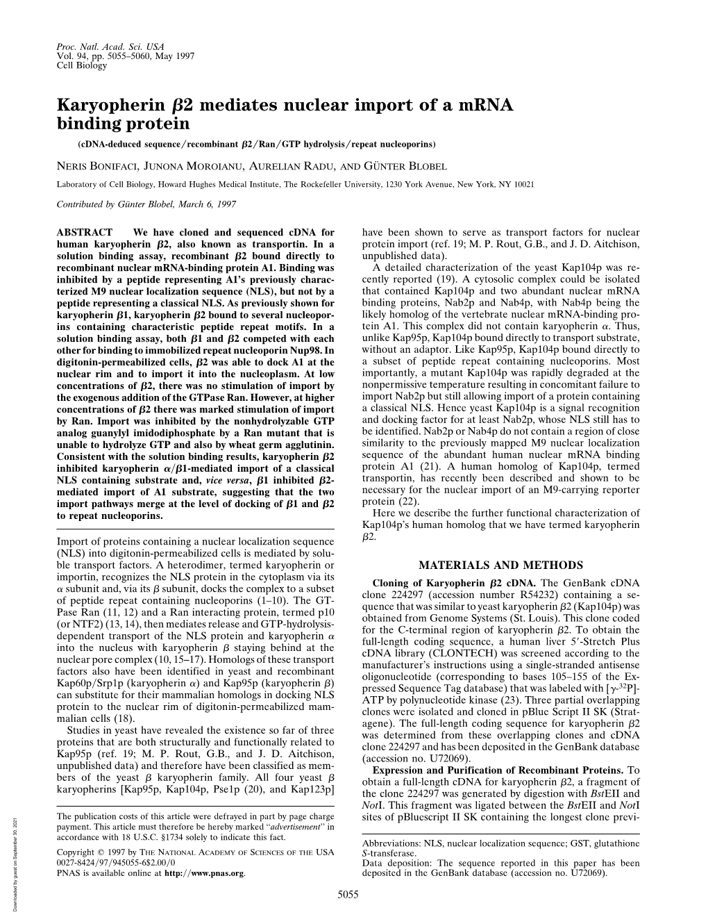 Karyopherin 2 Mediates Nuclear Import of a Mrna Binding Protein