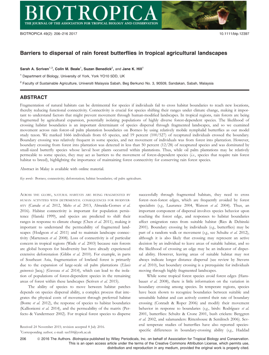 Barriers to Dispersal of Rain Forest Butterflies in Tropical Agricultural