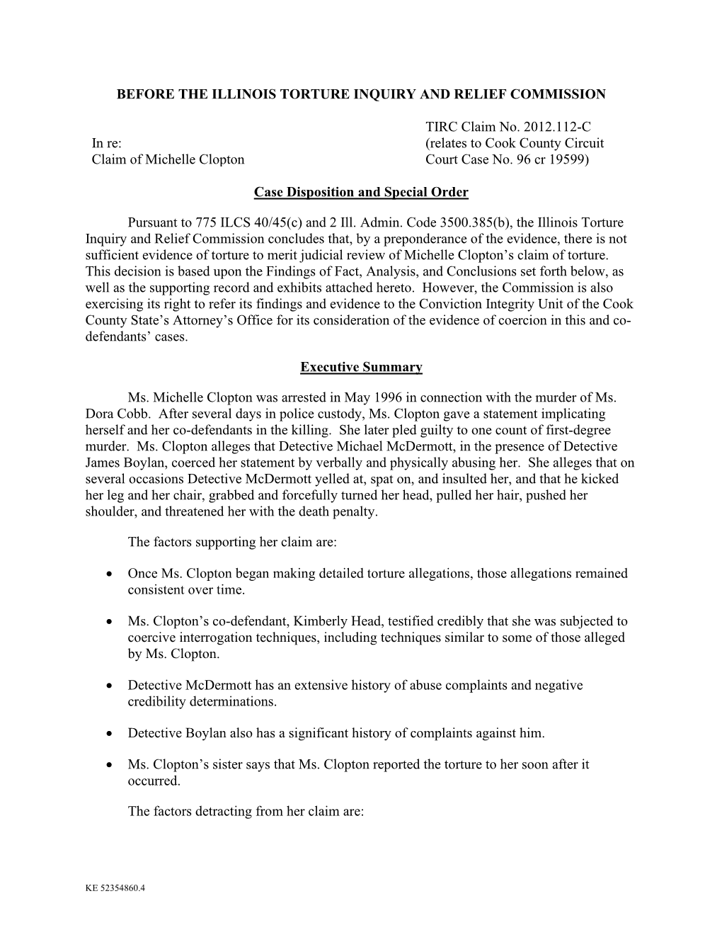 Claim of Michelle Clopton TIRC Claim No. 2012.112-C