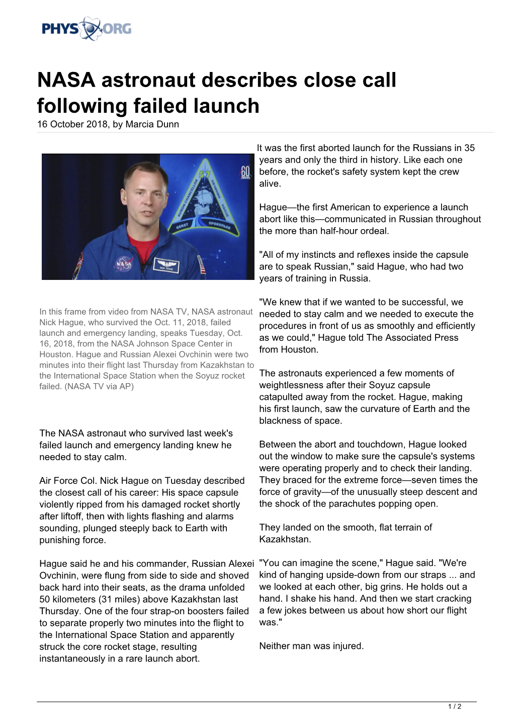 NASA Astronaut Describes Close Call Following Failed Launch 16 October 2018, by Marcia Dunn