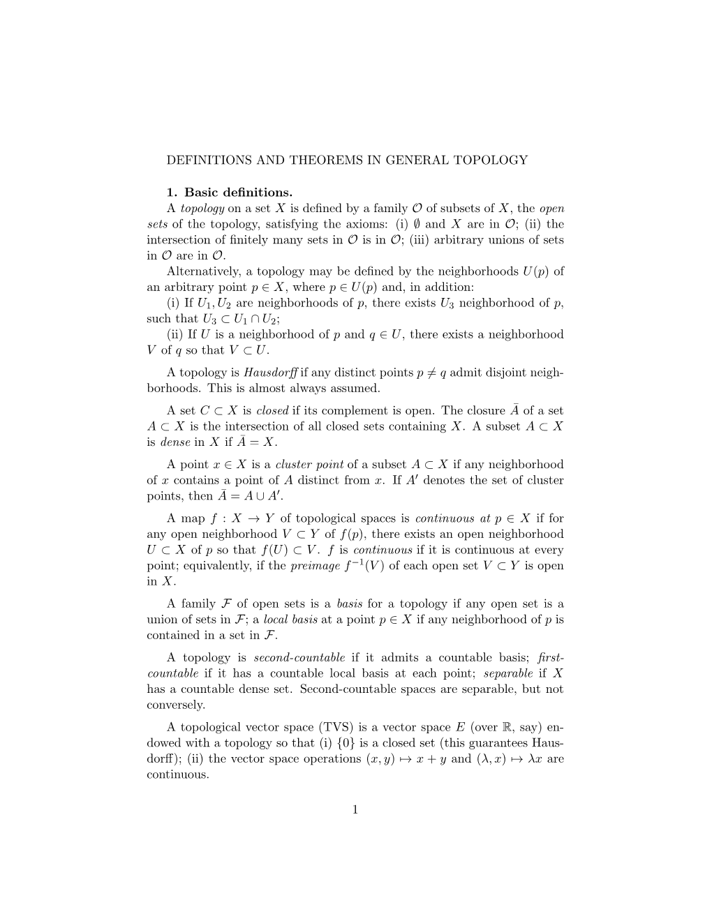 DEFINITIONS and THEOREMS in GENERAL TOPOLOGY 1. Basic