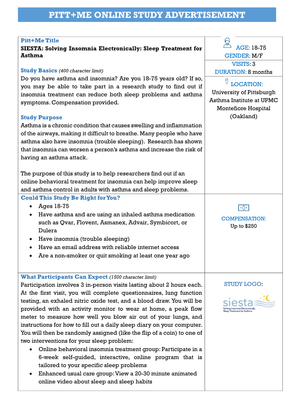 Pitt+Me Online Study Advertisement