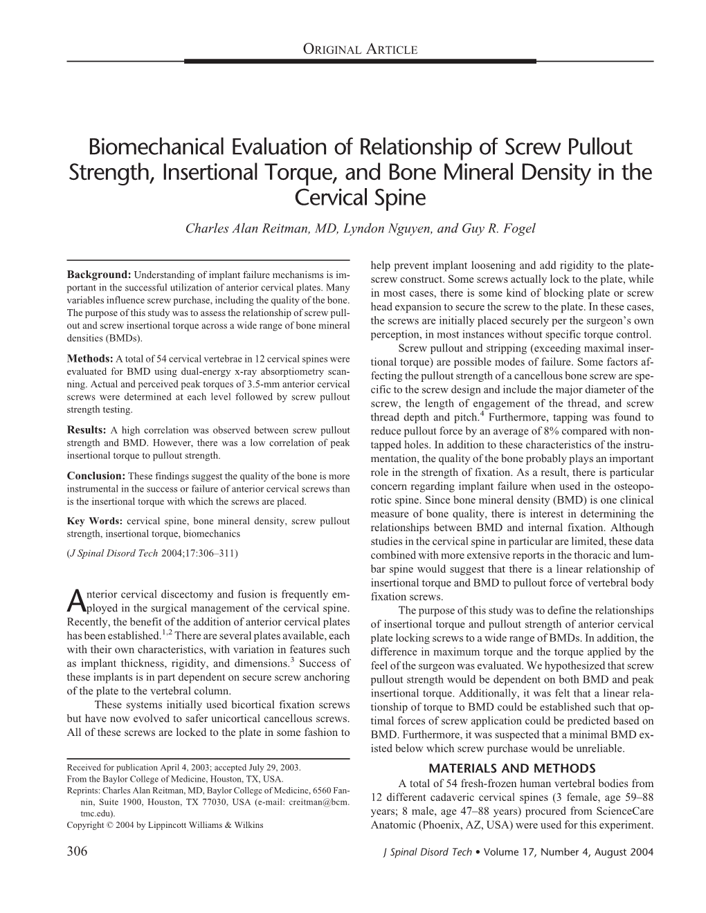 Biomechanical Evaluation of Relationship of Screw Pullout