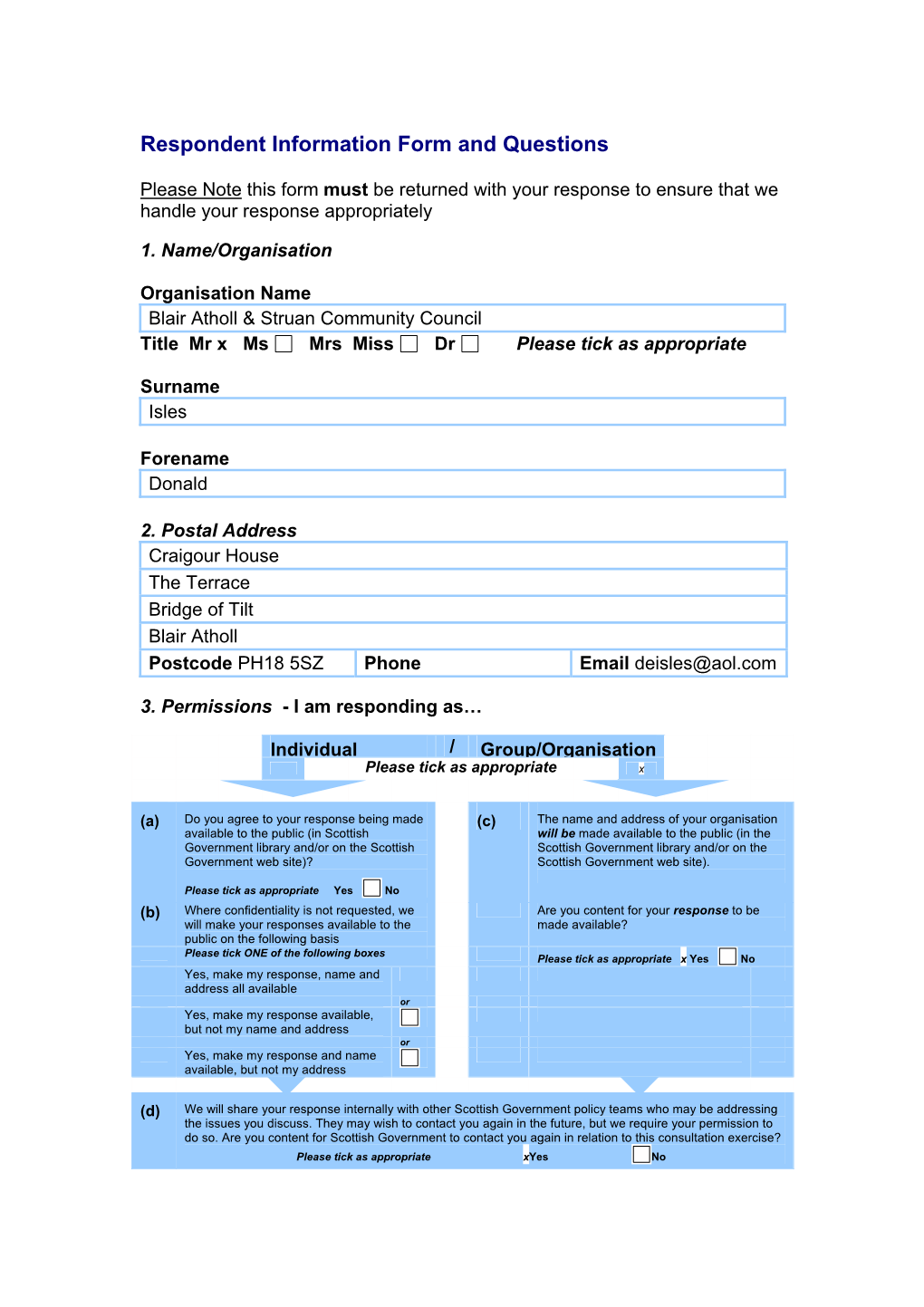 Respondent Information Form and Questions