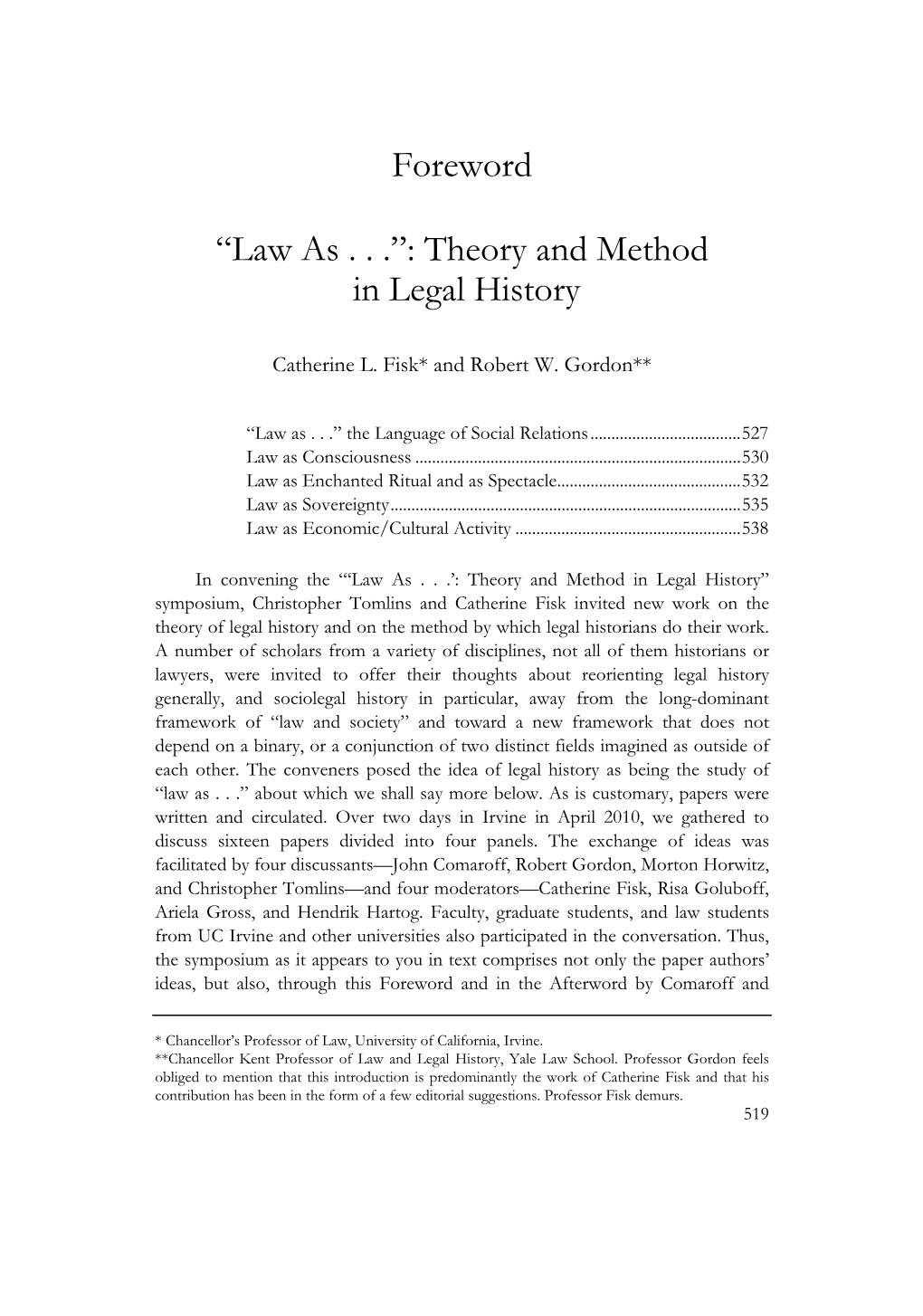 Foreword “Law As . . .”: Theory and Method in Legal History