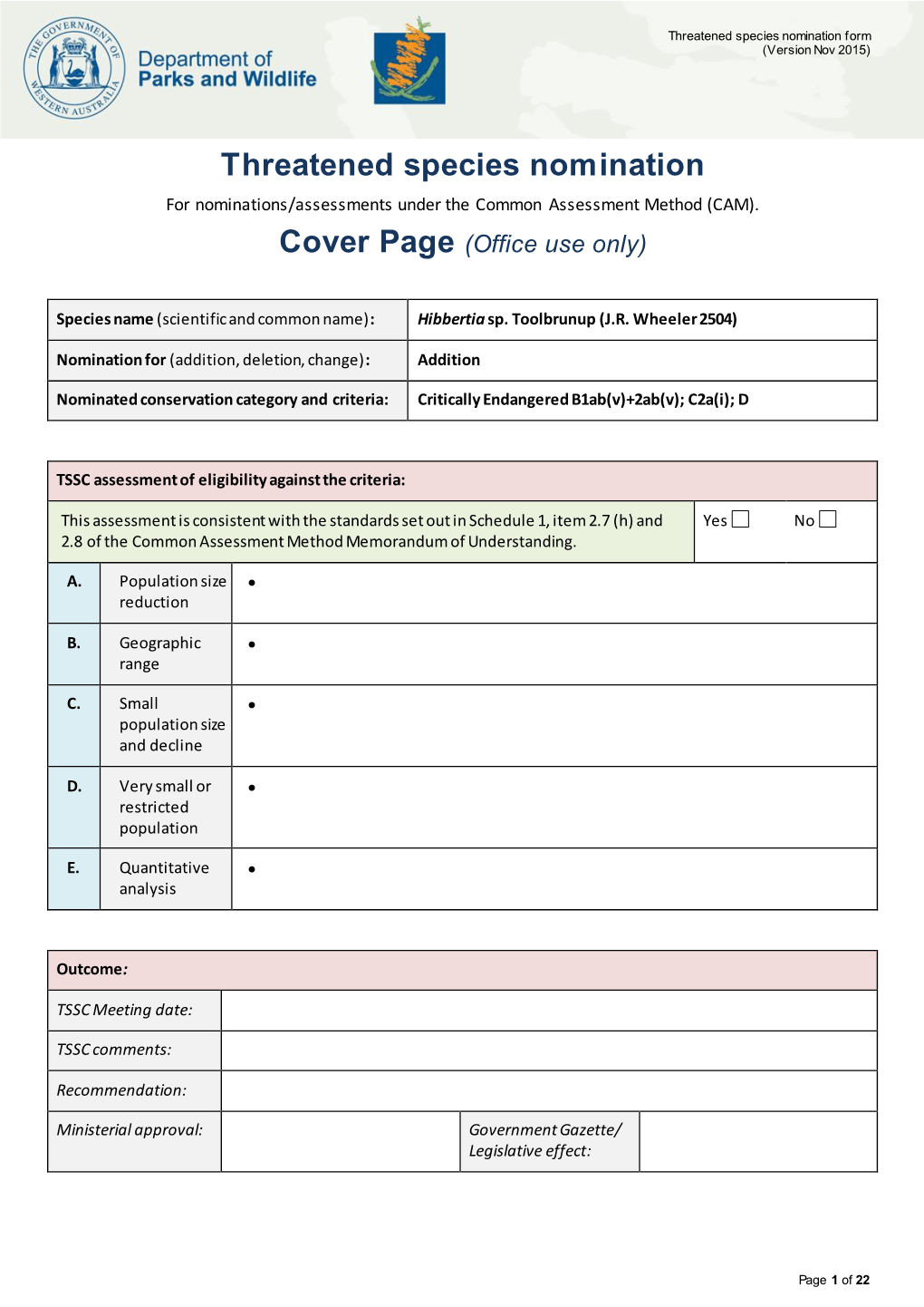 Threatened Species Nomination Form (Version Nov 2015)