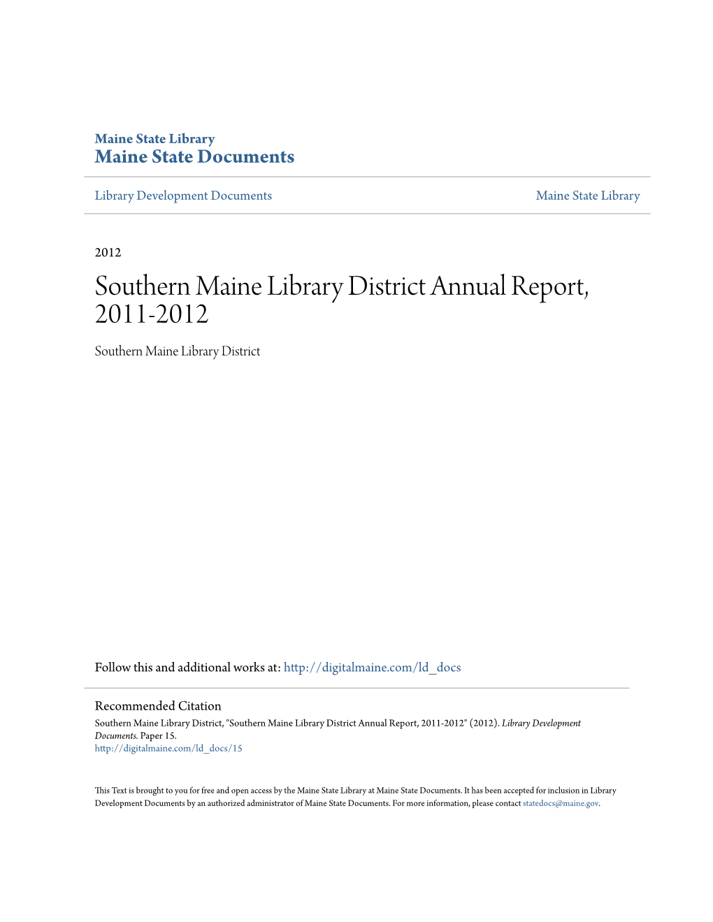 Southern Maine Library District Annual Report, 2011-2012 Southern Maine Library District