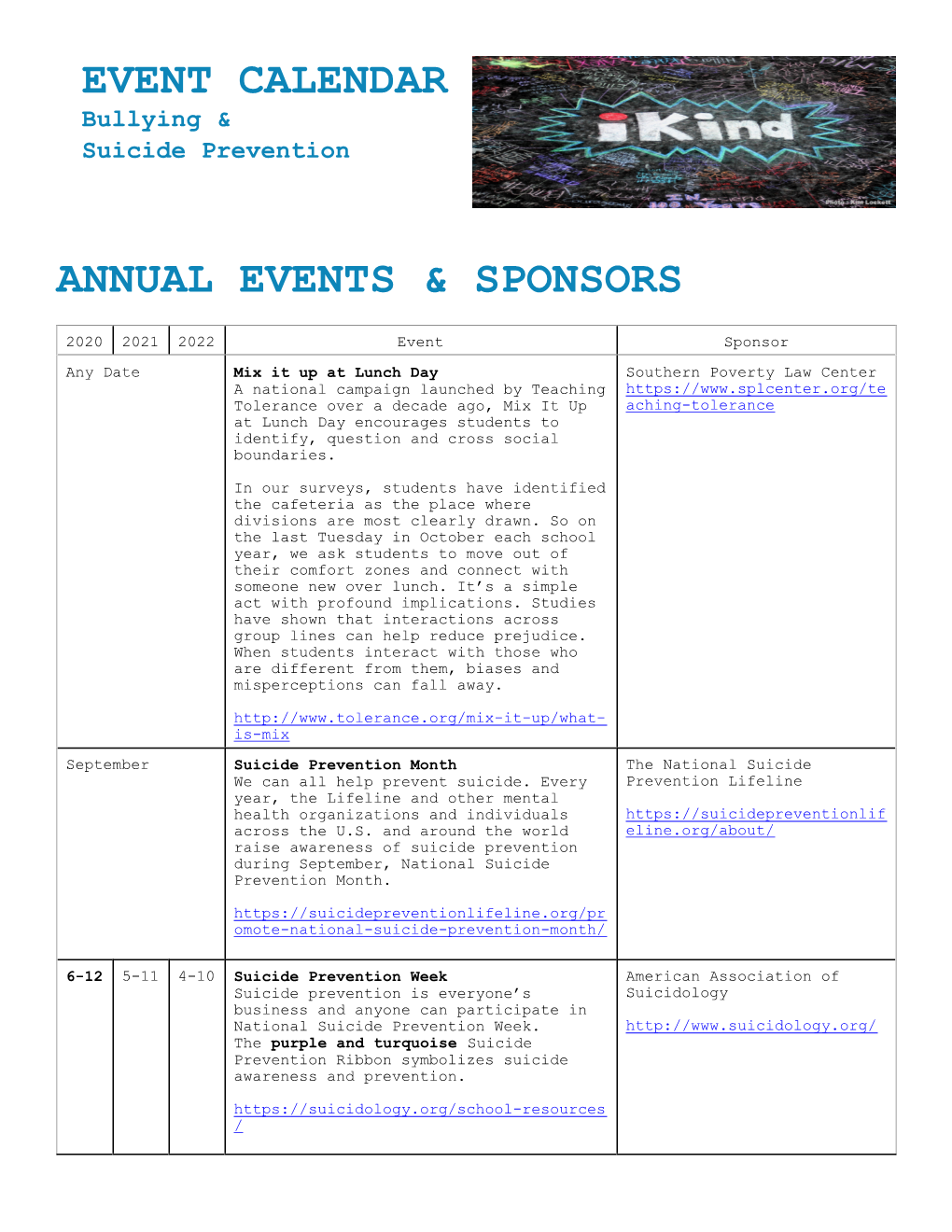 Event Calendar of Anti-Bullying & Suicide Prevention Days