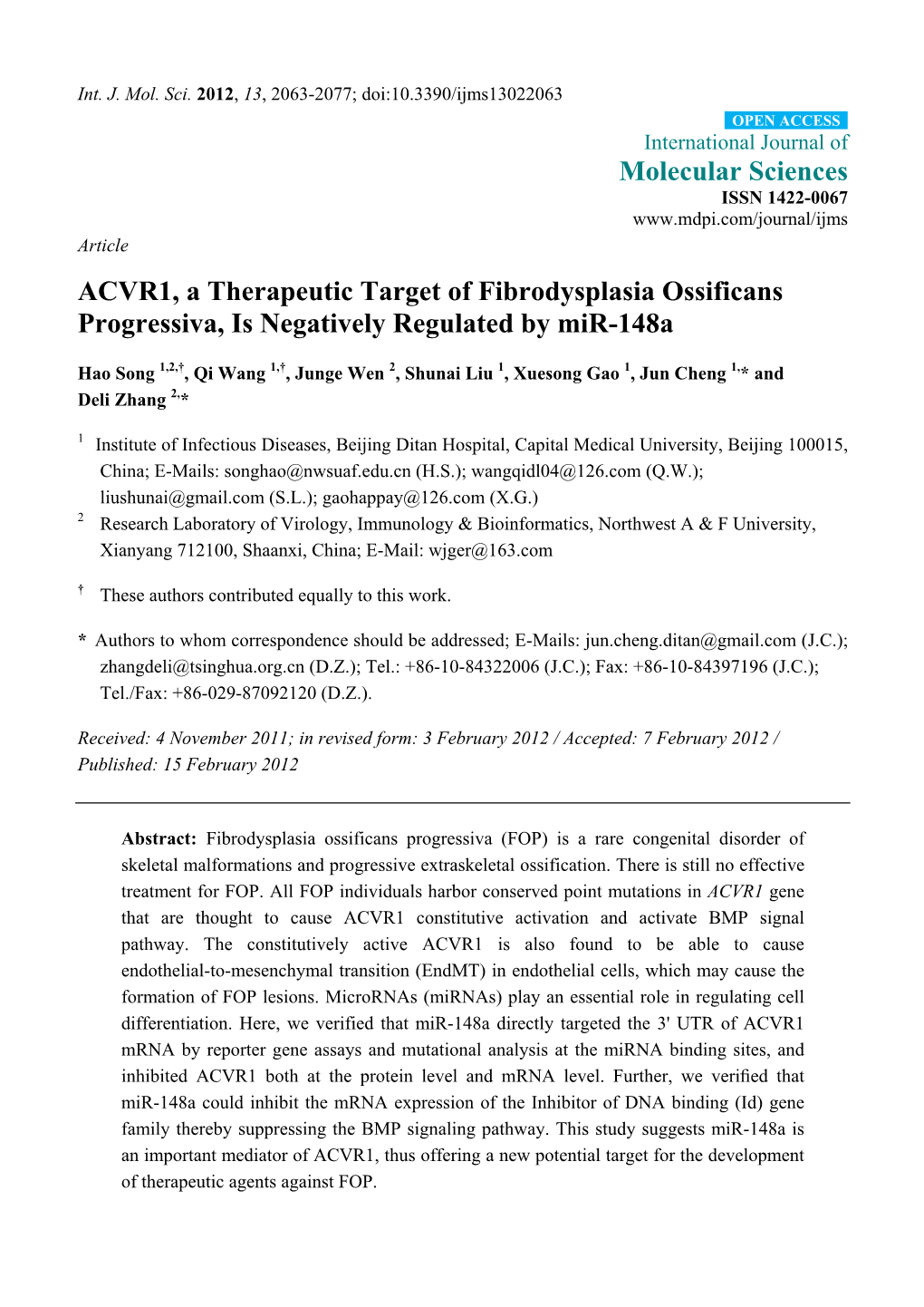 ACVR1, a Therapeutic Target of Fibrodysplasia Ossificans Progressiva, Is Negatively Regulated by Mir-148A