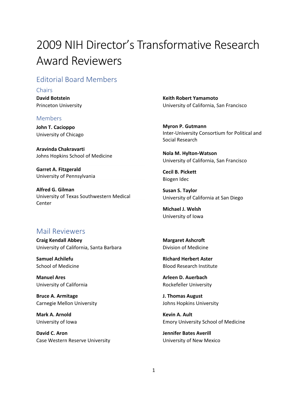 2009 NIH Director's Transformative Research Award Reviewers