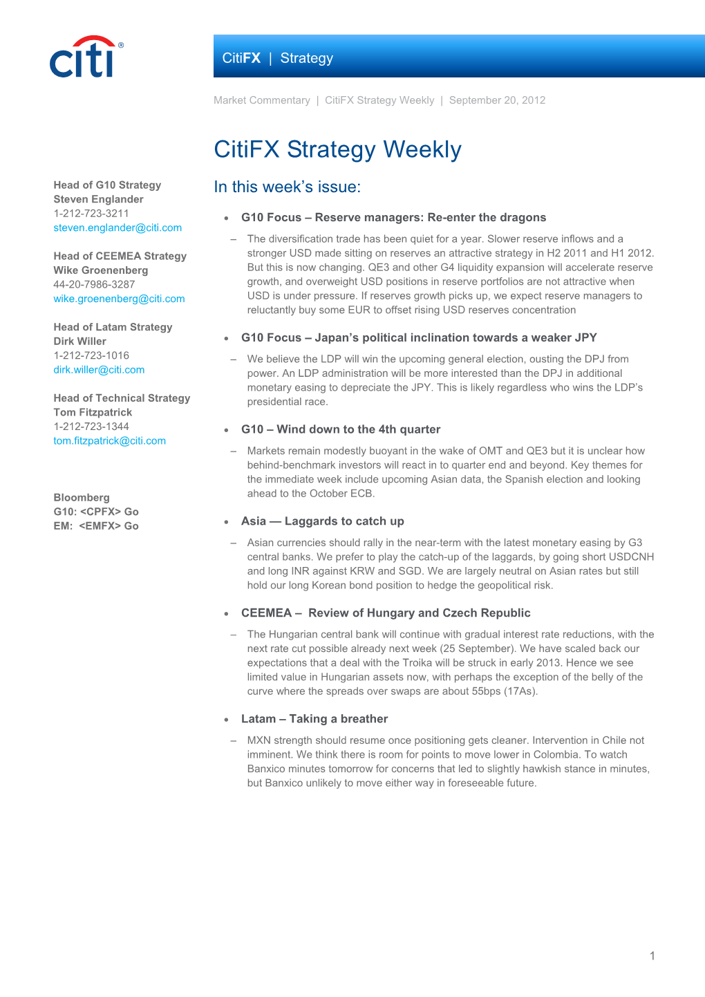 Citifx Strategy Weekly | September 20, 2012