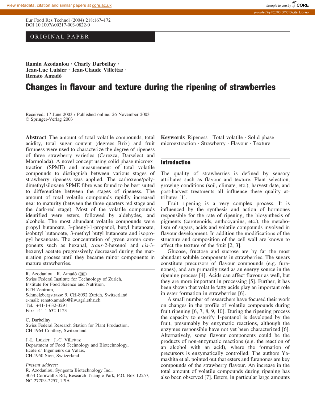 Changes in Flavour and Texture During the Ripening of Strawberries