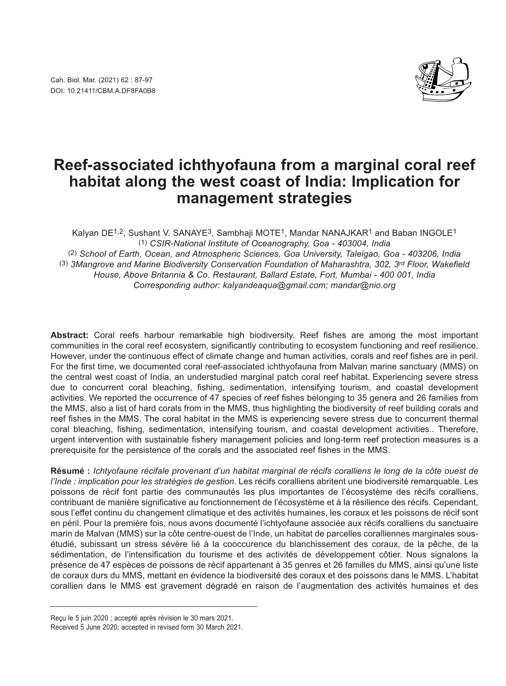 Reef-Associated Ichthyofauna from a Marginal Coral Reef Habitat Along the West Coast of India: Implication for Management Strategies