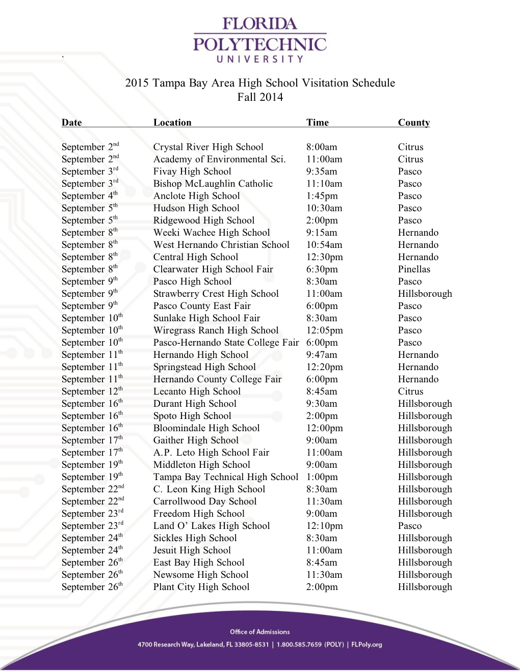 2015 Tampa Bay Area High School Visitation Schedule Fall 2014