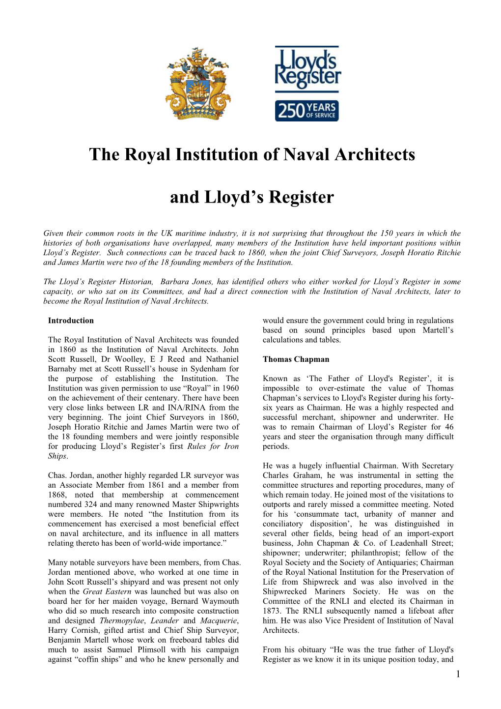 The Royal Institution of Naval Architects and Lloyd's Register