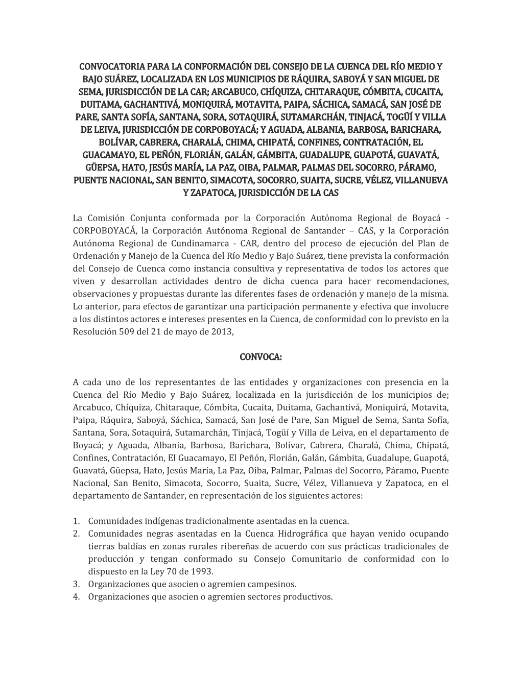 Convocatoria Consejo De Cuenca Río Medio Y Bajo Suárez