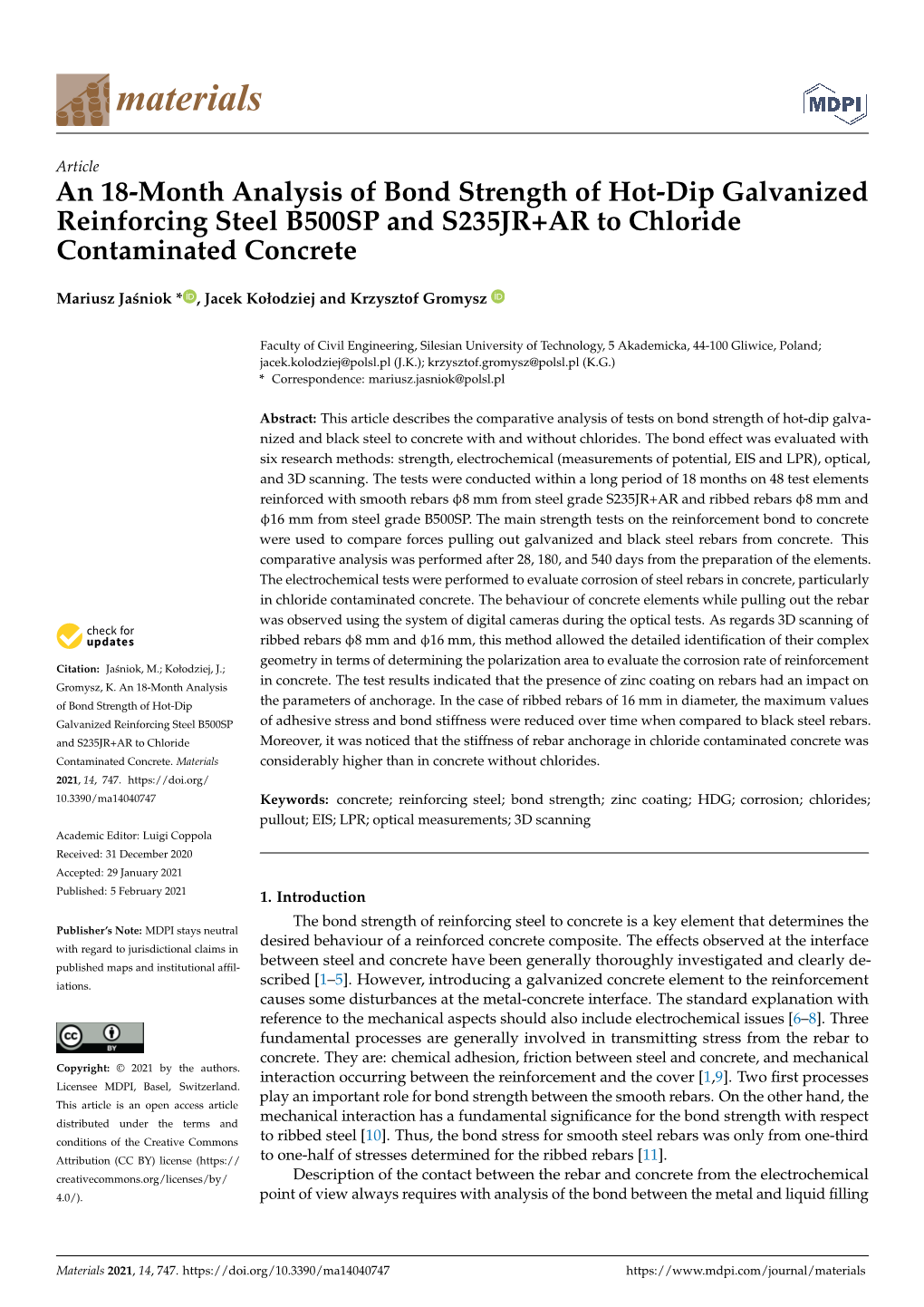 An 18-Month Analysis of Bond Strength of Hot-Dip Galvanized Reinforcing Steel B500SP and S235JR+AR to Chloride Contaminated Concrete