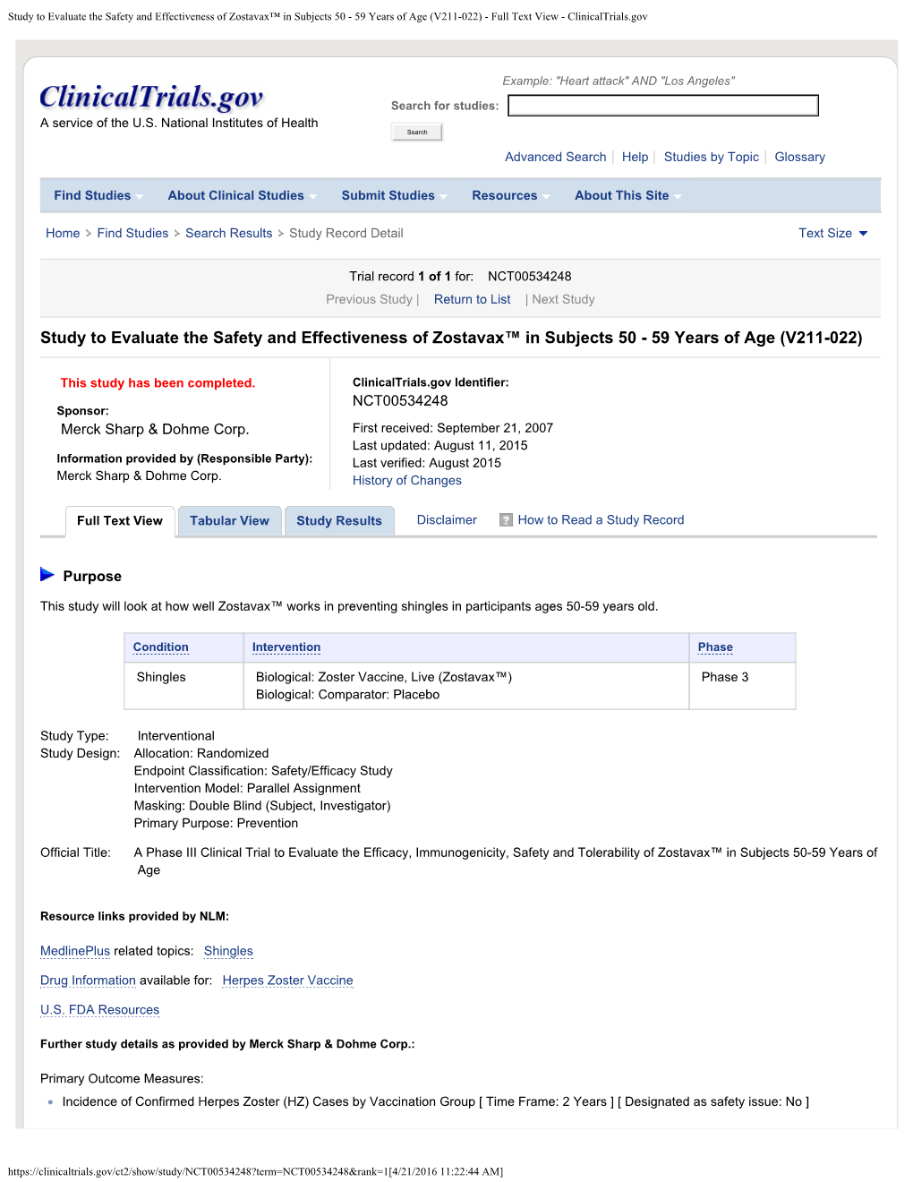 Study to Evaluate the Safety and Effectiveness of Zostavax™ in Subjects 50 - 59 Years of Age (V211-022) - Full Text View - Clinicaltrials.Gov