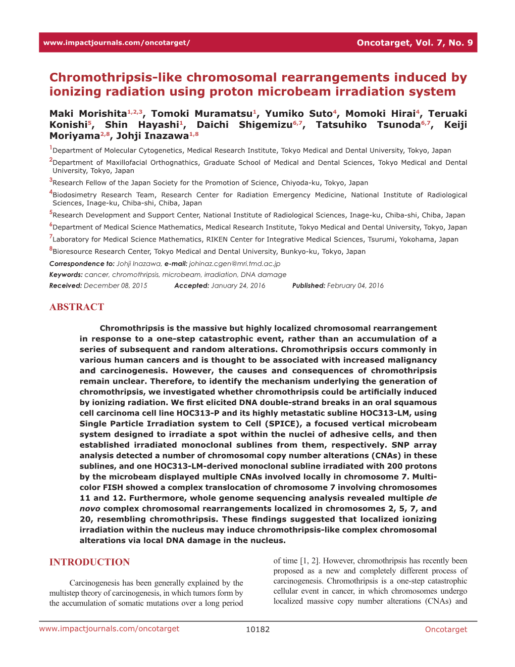 Chromothripsis-Like Chromosomal Rearrangements Induced by Ionizing Radiation Using Proton Microbeam Irradiation System