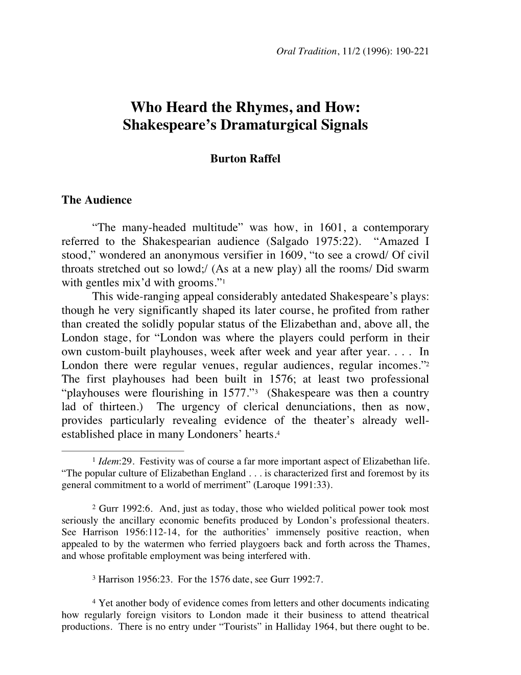 Who Heard the Rhymes, and How: Shakespeare’S Dramaturgical Signals