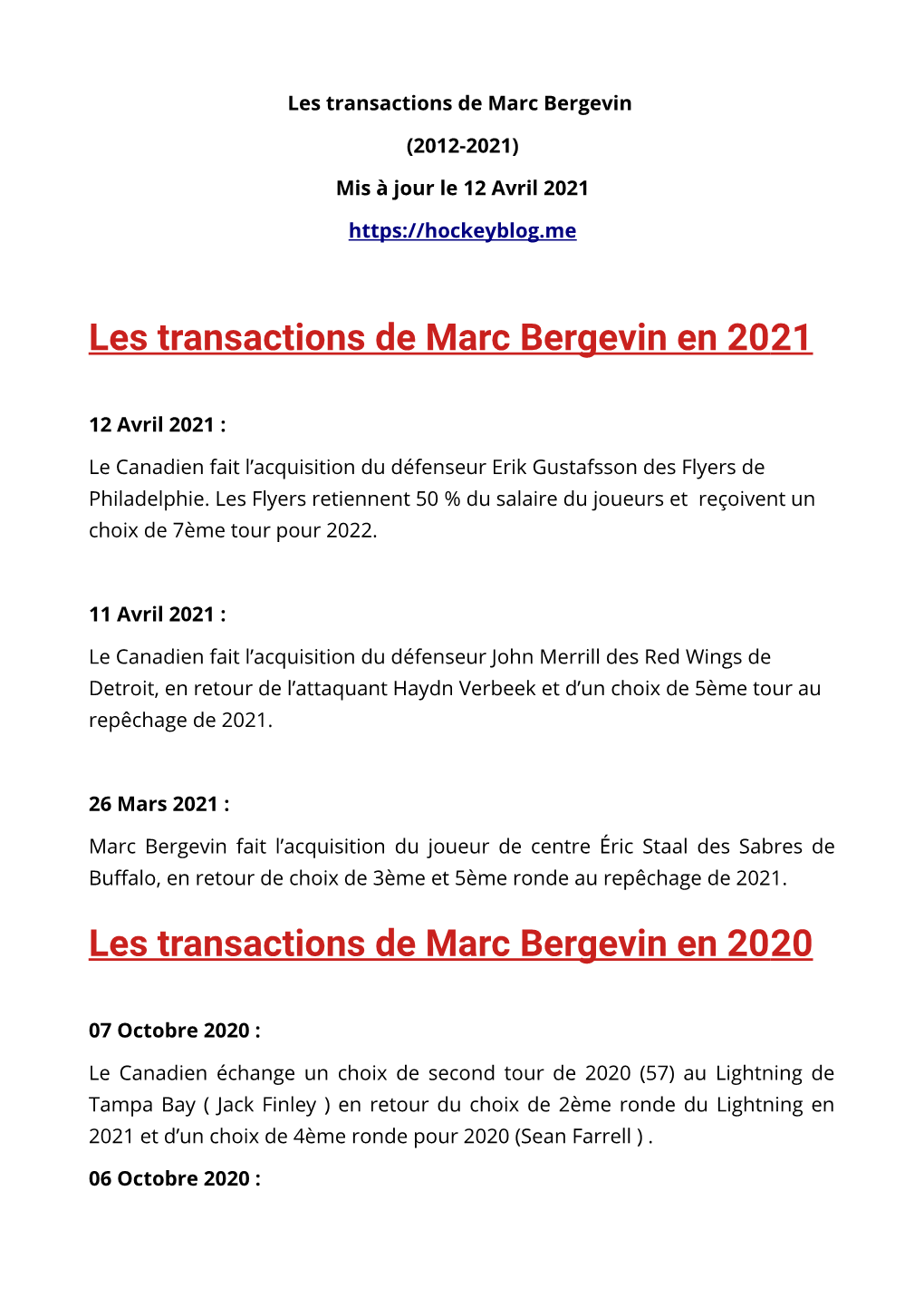 Les Transactions De Marc Bergevin En 2021 Les Transactions De
