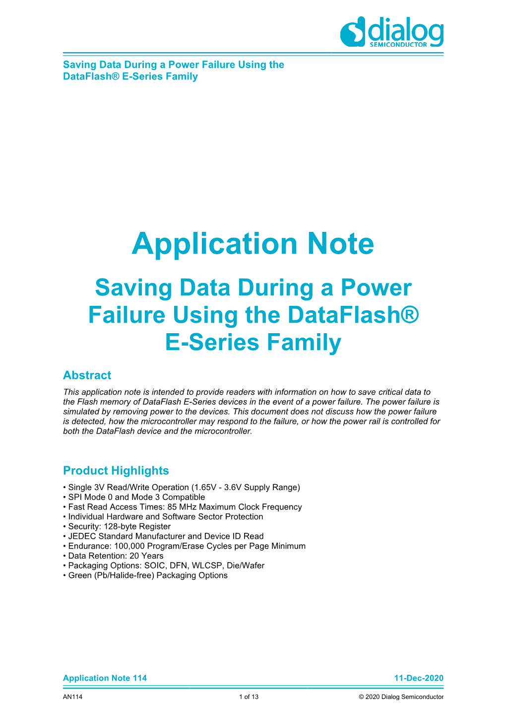 Application Note Saving Data During a Power Failure Using the Dataflash® E-Series Family