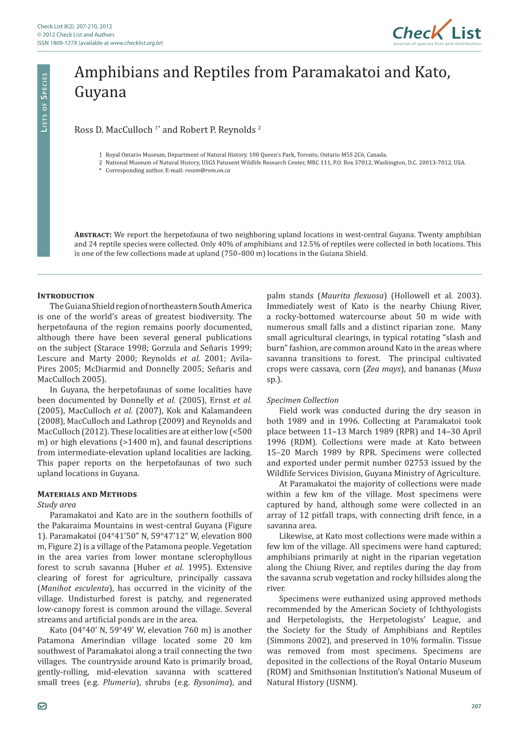 Check List 8(2): 207-210, 2012 © 2012 Check List and Authors Chec List ISSN 1809-127X (Available at Journal of Species Lists and Distribution