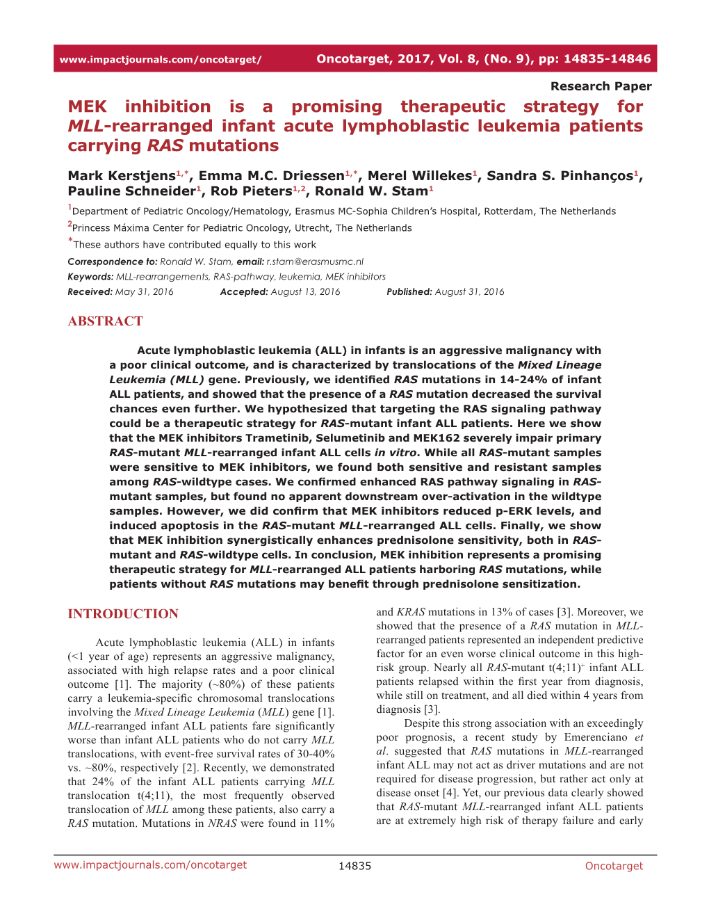 MEK Inhibition Is a Promising Therapeutic Strategy for MLL-Rearranged Infant Acute Lymphoblastic Leukemia Patients Carrying RAS Mutations