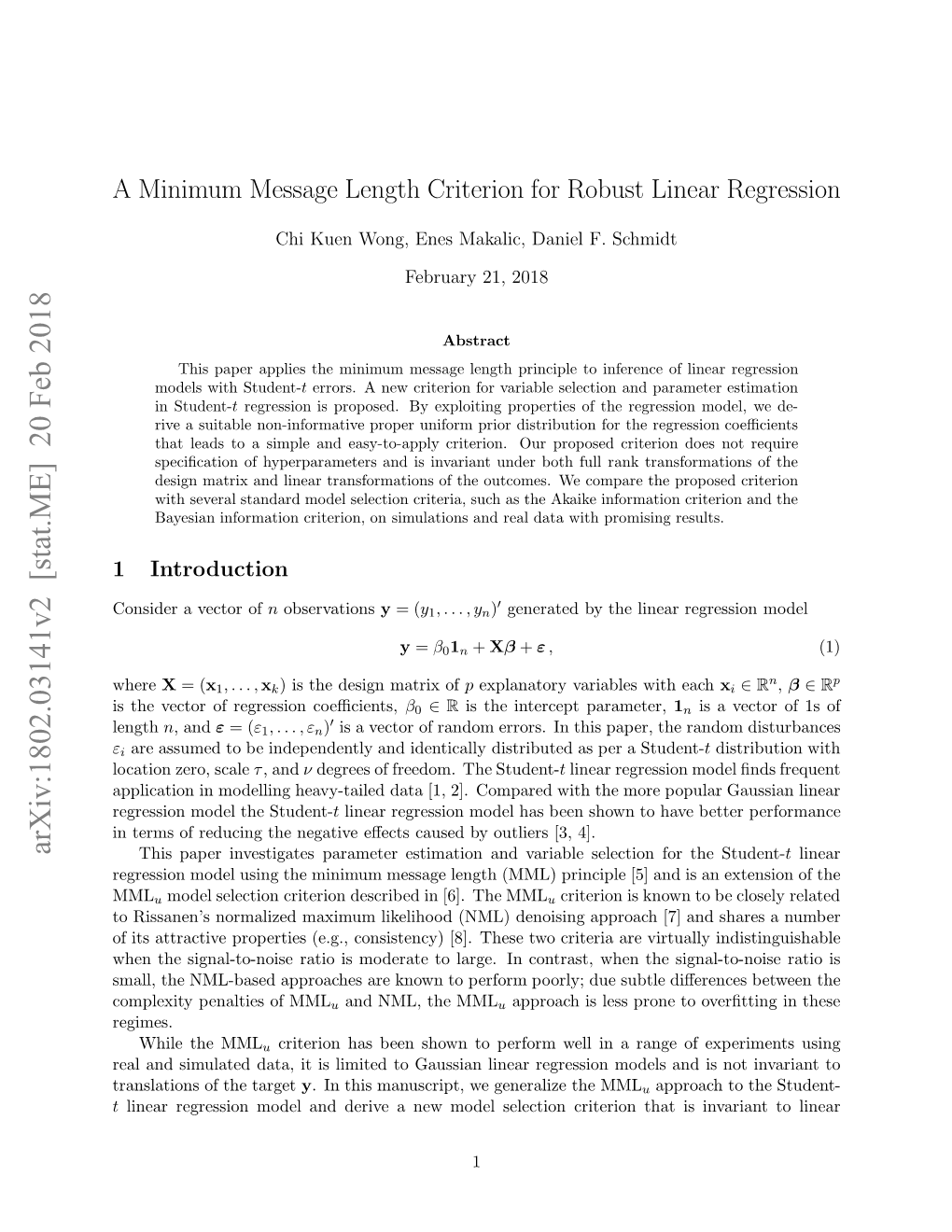 A Minimum Message Length Criterion for Robust Linear Regression