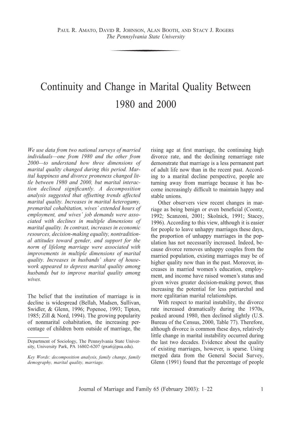 Continuity and Change in Marital Quality Between 1980 and 2000