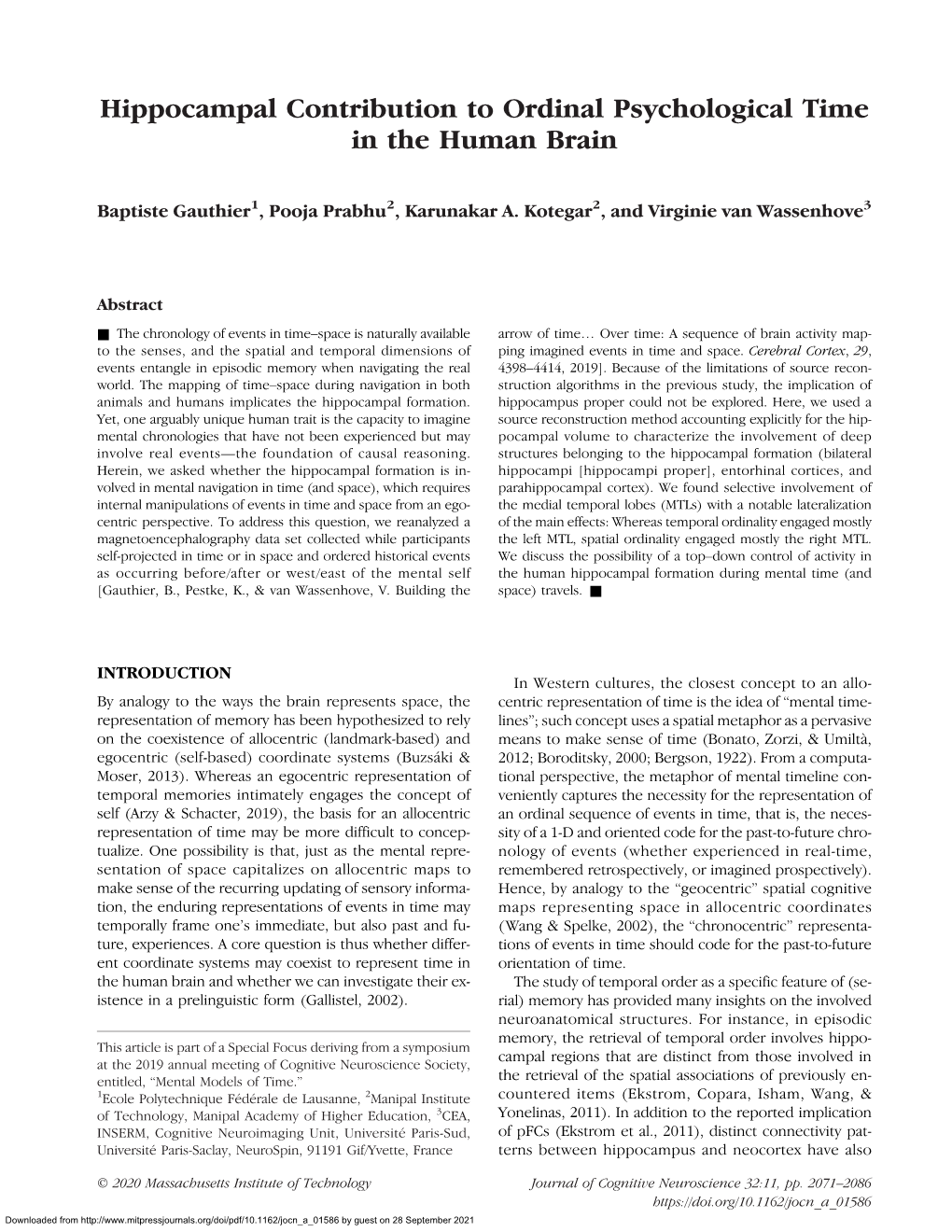 Hippocampal Contribution to Ordinal Psychological Time in the Human Brain