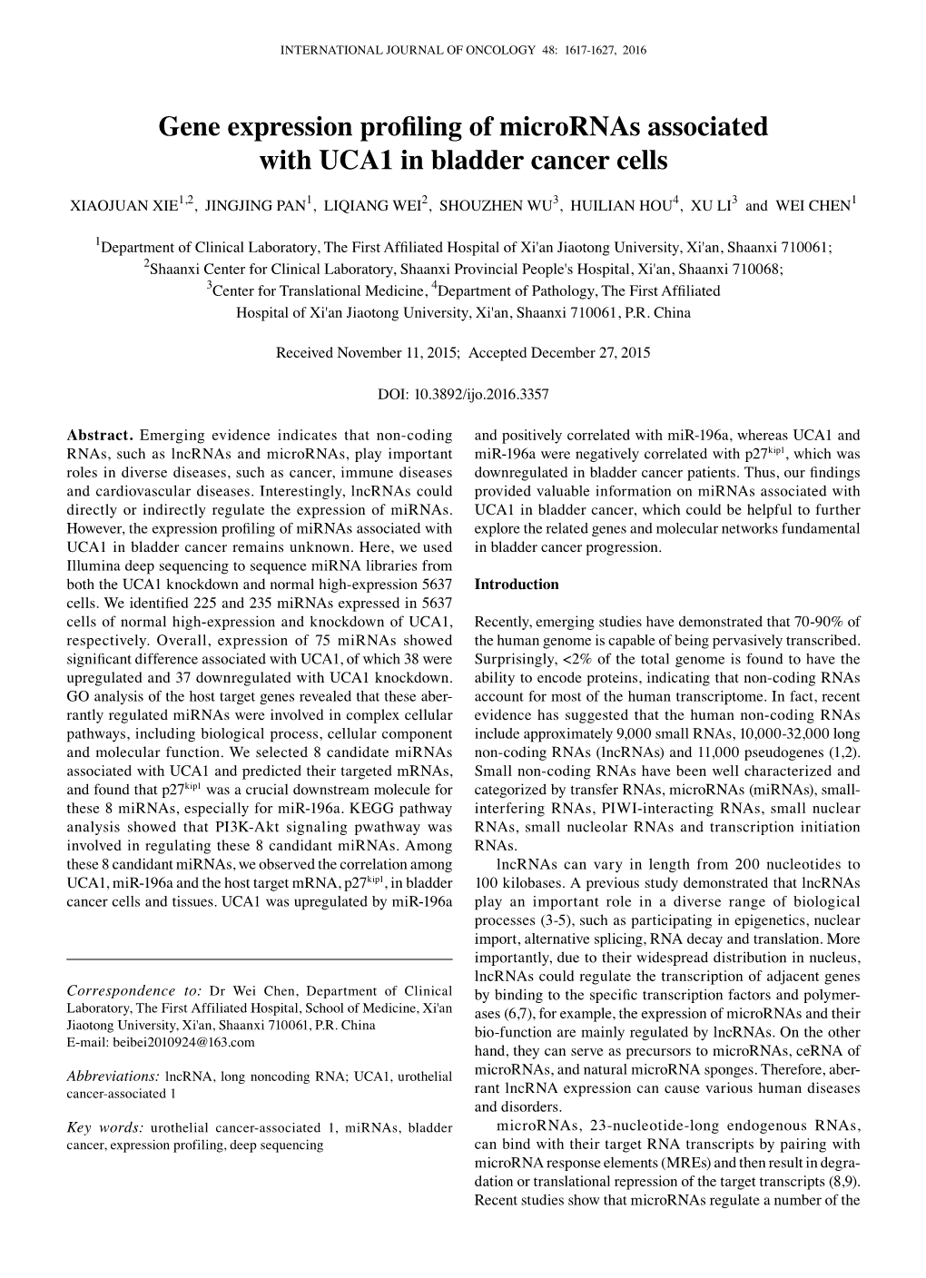 Gene Expression Profiling of Micrornas Associated with UCA1 in Bladder Cancer Cells