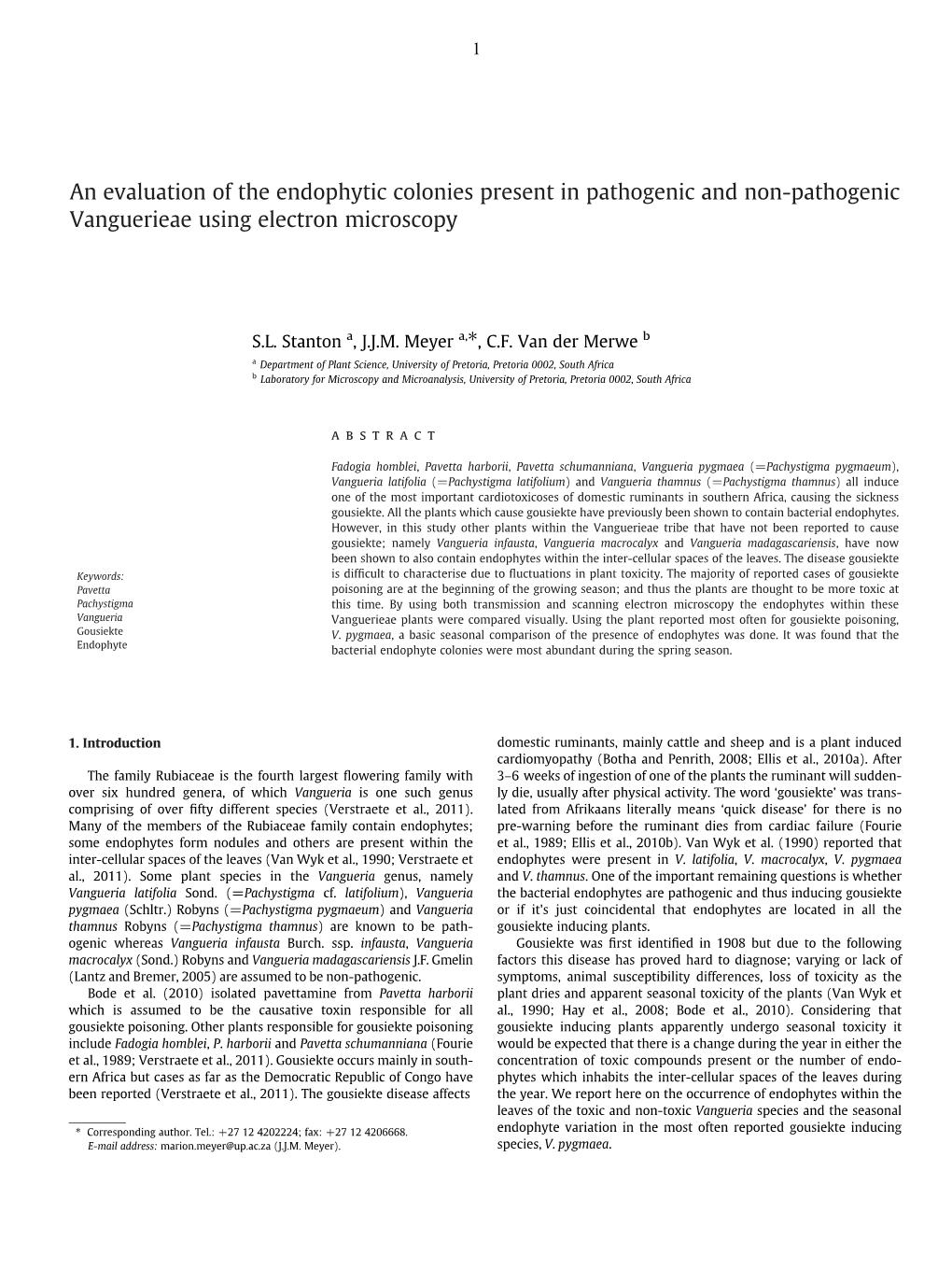 An Evaluation of the Endophytic Colonies Present in Pathogenic and Non-Pathogenic Vanguerieae Using Electron Microscopy